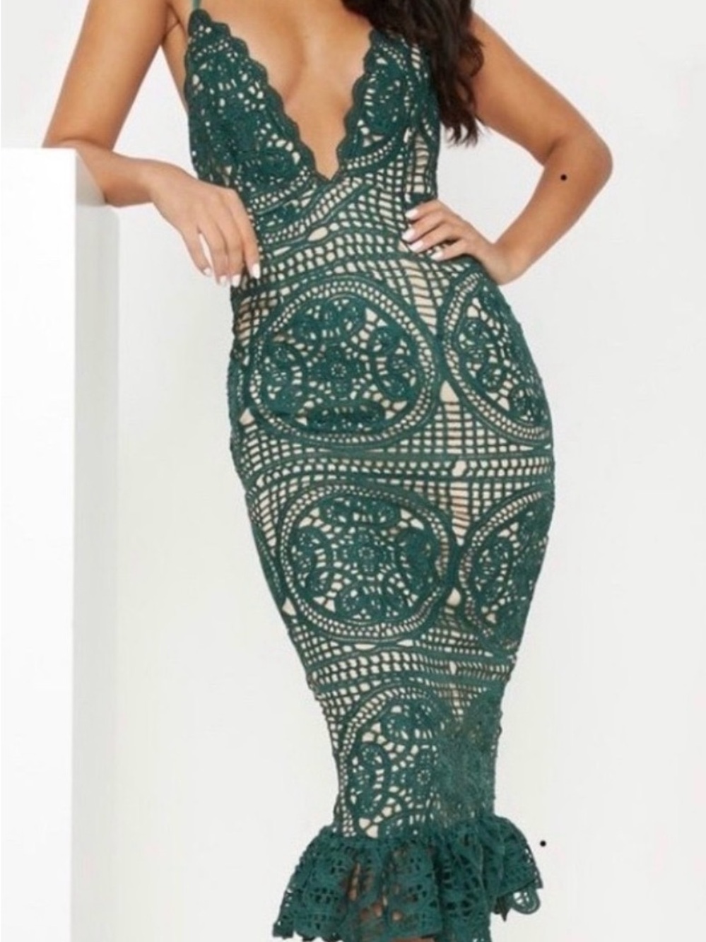 PrettyLittleThing Dark Green Crochet Lace Midi Dress